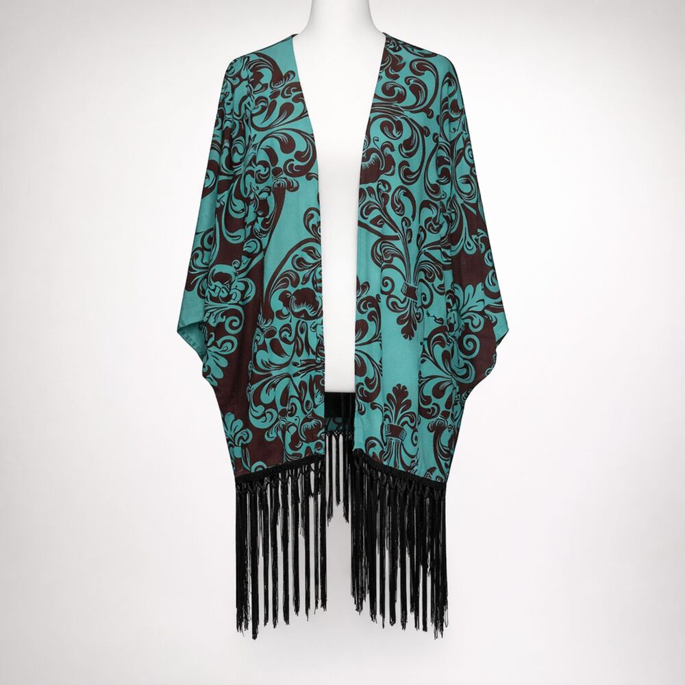 Pinkblush Teal and Brown Kimono with Fringe OSFM
